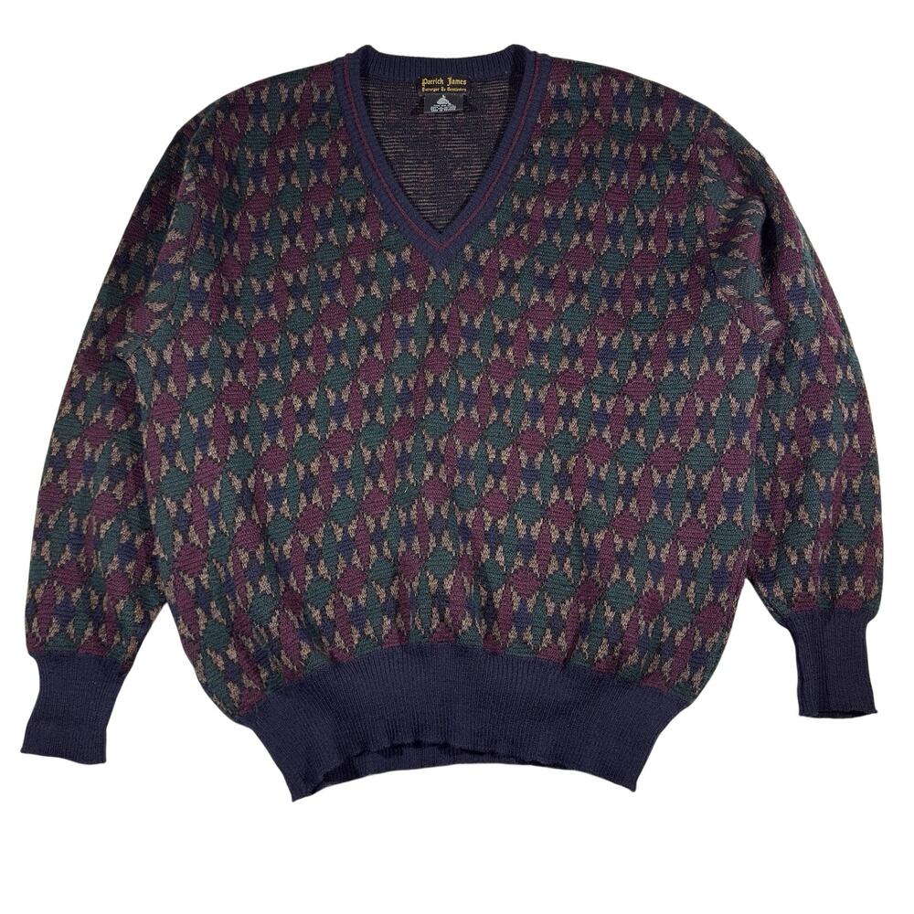 Patrick James Mens 100% Merino Virgin Wool V-Neck Sweater Size Large Multi Color